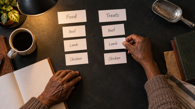 An owner sorts food and treat protein names while preparing a diet history.