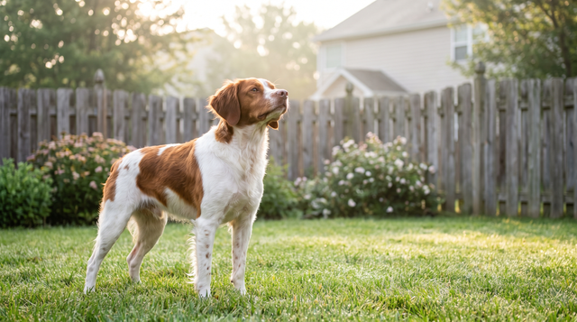 An orange-and-white brittany spaniel standing alert on green grass in a fenced suburban back yard