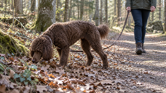 A dog calmly sniffing a woodland trail on a loose leash during a walk.