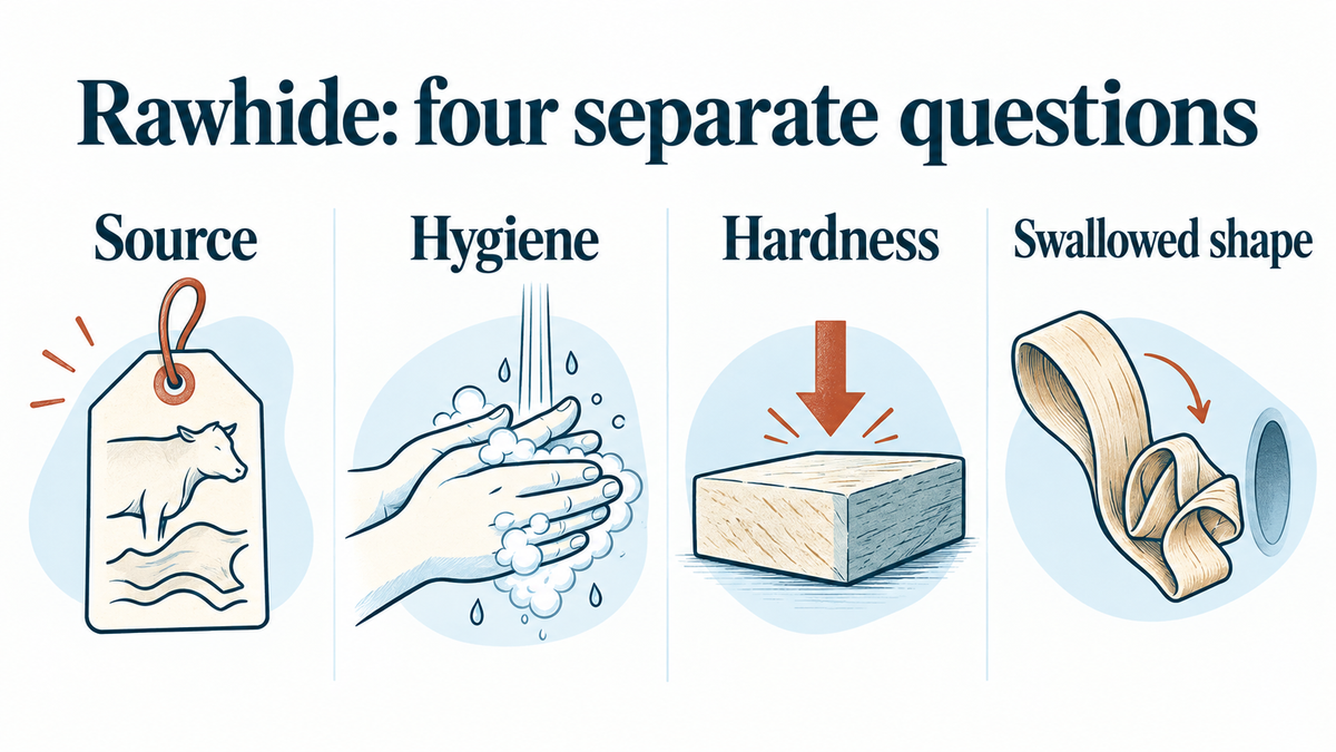An illustration separating four rawhide questions: source, hygiene, hardness and swallowed shape.