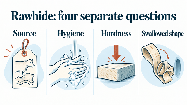 An illustration separating four rawhide questions: source, hygiene, hardness and swallowed shape.