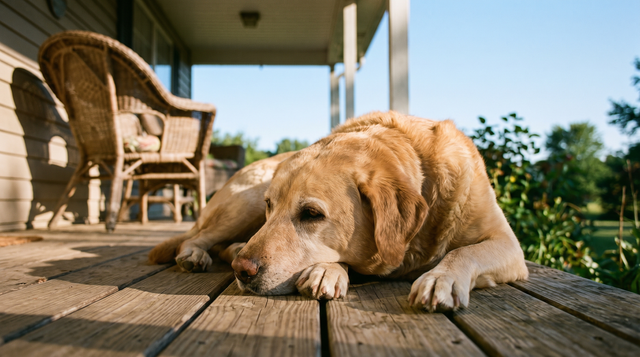 A labrador retriever resting its chin on its paws on a sunlit back porch