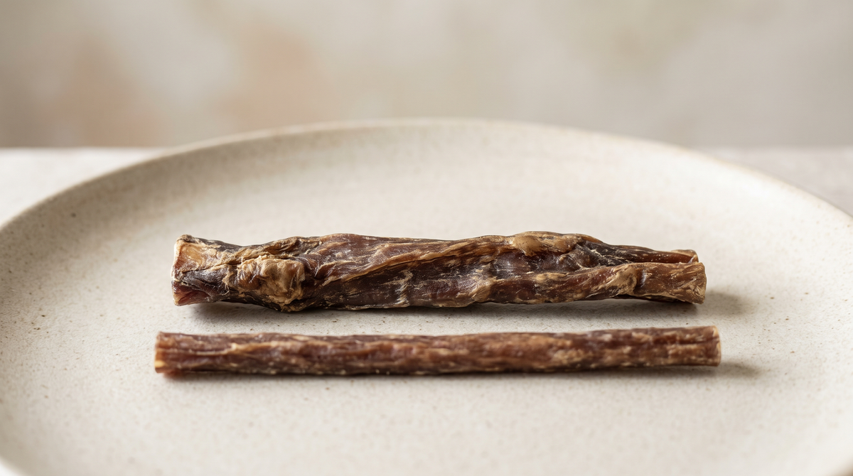 Two plain dried beef chew sticks lying side by side, one noticeably thicker than the other
