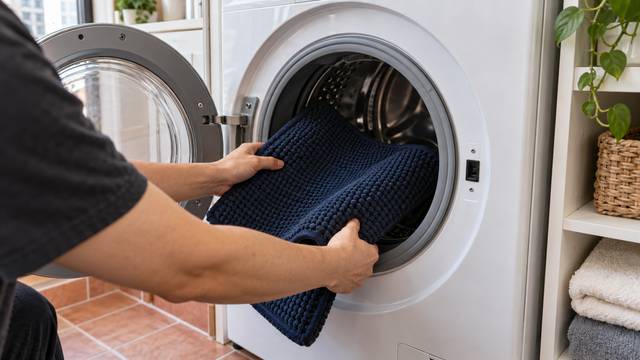 An owner loading a washable chew mat into a washing machine in a compact apartment laundry area.