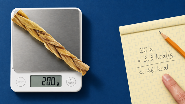 Overhead view of a lamb collagen chew on a kitchen scale beside a pencil and a handwritten calorie calculation.