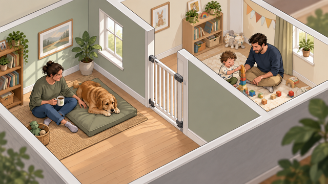 Isometric illustration shows a dog with one adult and a toddler with another, separated by a closed child gate.