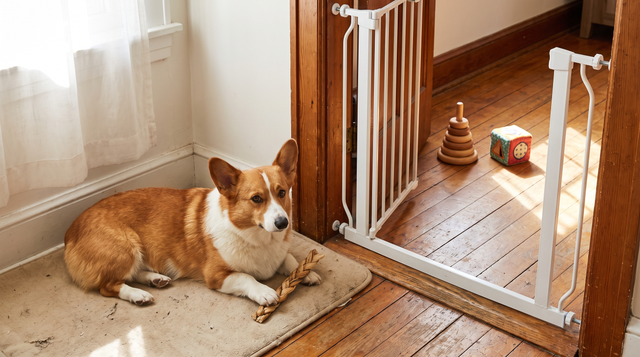 A Pembroke Welsh corgi lying on a mat in a sunlit kitchen corner with a braided natural chew, a white baby gate across the doorway