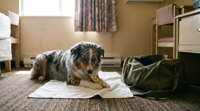 An Australian shepherd lying on a folded white towel beside an open canvas duffel bag in a sunlit motel room, chewing a braided natural chew