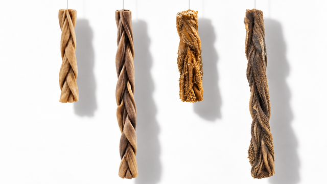 Six- and twelve-inch lamb collagen and tripe chews arranged to show their different lengths and structures.