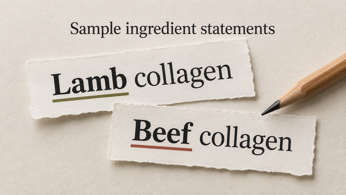 Sample ingredient statements highlighting the lamb and beef sources of collagen.