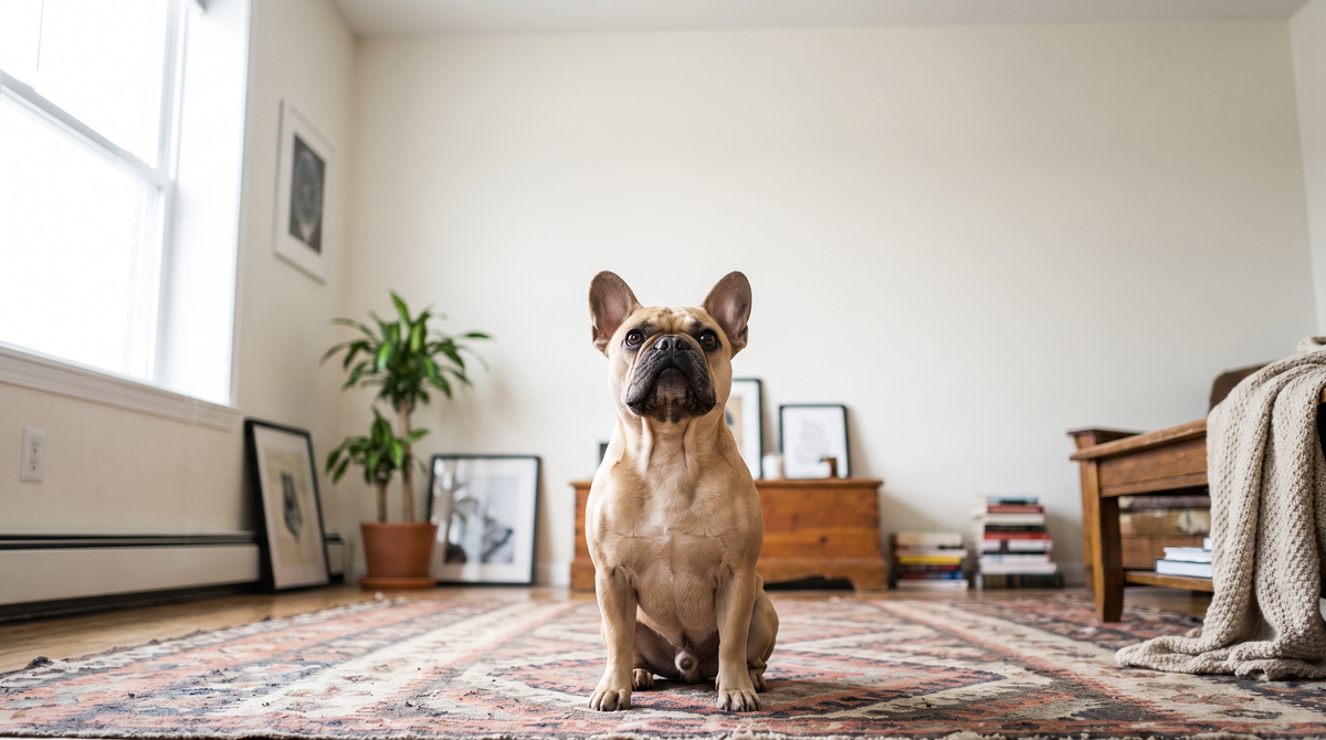 A fawn French bulldog sitting upright on a patterned apartment rug looking up toward the camera in bright daylight