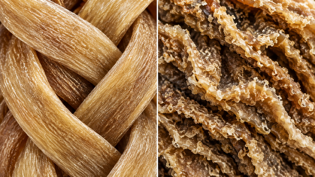 Close-up comparison of a lamb collagen braid and the folded surface of lamb tripe.