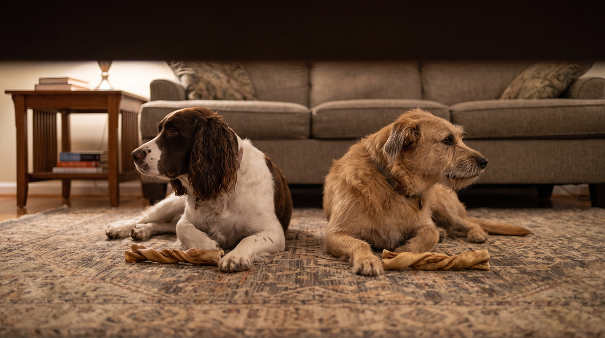 A springer spaniel and a tan mixed-breed dog lying side by side on a patterned rug, each with a twisted natural chew in front of them