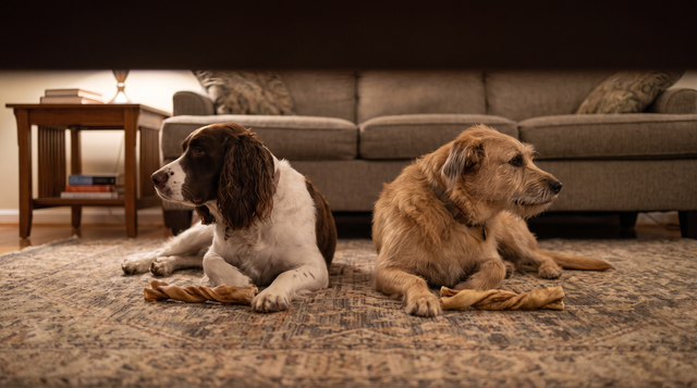 A springer spaniel and a tan mixed-breed dog lying side by side on a patterned rug, each with a twisted natural chew in front of them