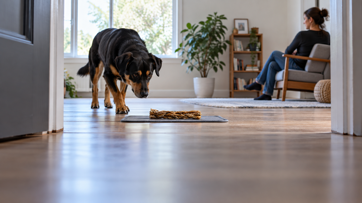 Dog approaching one lamb tripe chew while the owner gives it space from across the room.