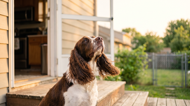 An English springer spaniel sitting on a wooden back step with its head raised and its nose lifted, sniffing the air in late afternoon light