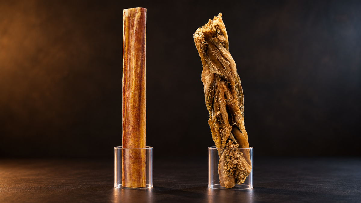 Studio comparison of the compact form of a bully stick and the folded lining of lamb tripe.