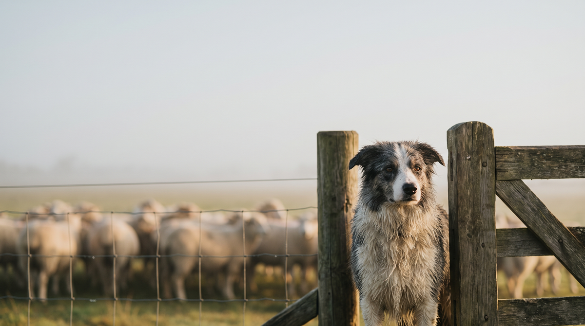 A border collie standing in a pasture gateway at dawn with sheep out of focus behind a wire fence