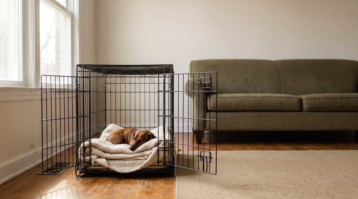 A dachshund curled on a folded blanket inside an open wire crate in the corner of an empty living room in morning light