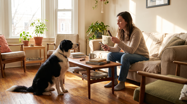 A border collie on a hardwood living room floor looks up at a woman holding a phone and a plain dried chew stick