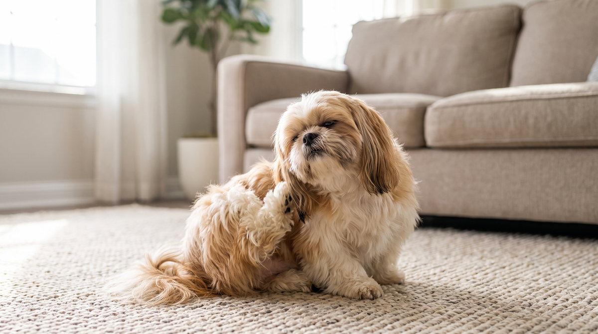 A shih tzu sitting on a woven living-room rug scratching at one ear with a hind leg in daylight