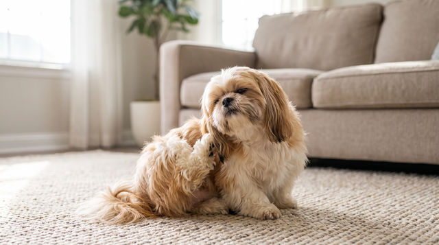 A shih tzu sitting on a woven living-room rug scratching at one ear with a hind leg in daylight