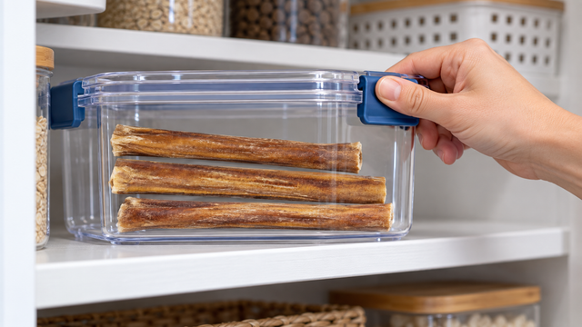 A hand closing a clear container of dry unused bully sticks on a high pantry shelf.