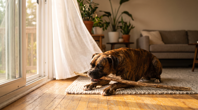 A boxer chewing a natural stick on a rug beside an open patio door with a curtain moving in the breeze