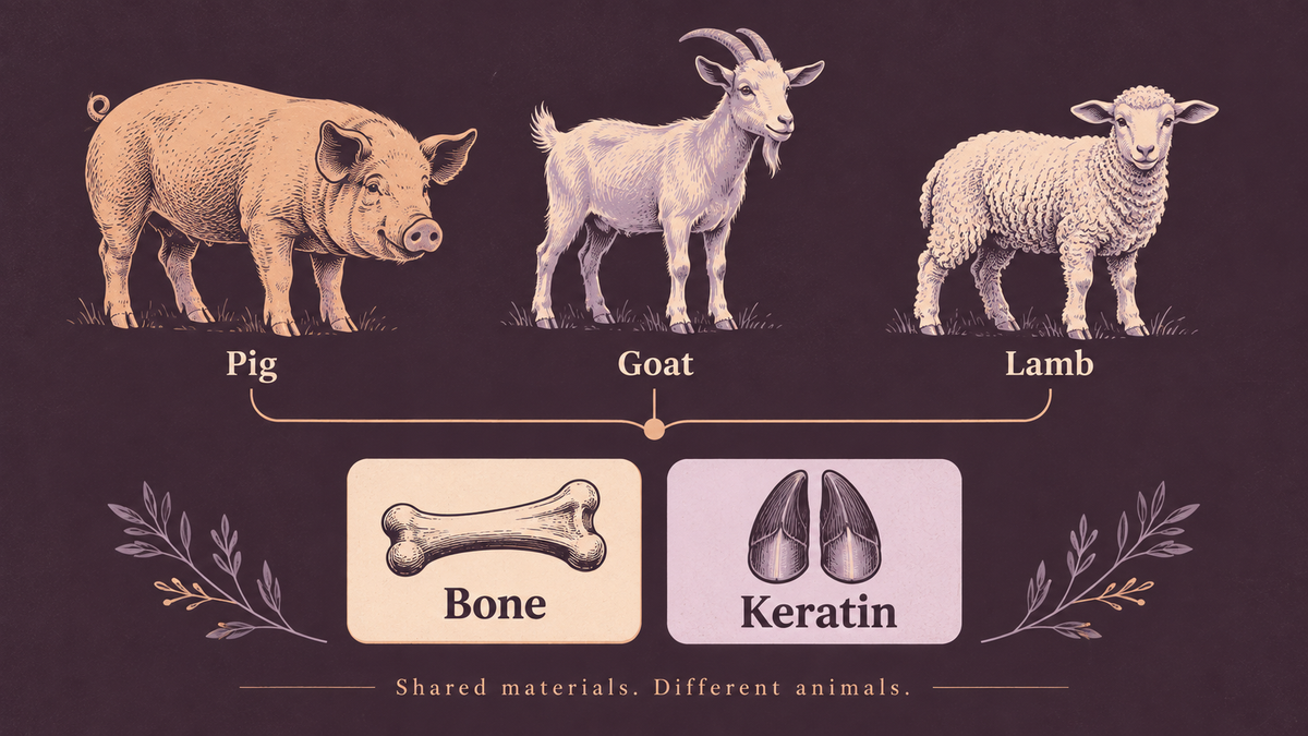 Pig, goat and lamb illustrations connected to shared bone and keratin material cards.