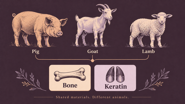 Pig, goat and lamb illustrations connected to shared bone and keratin material cards.