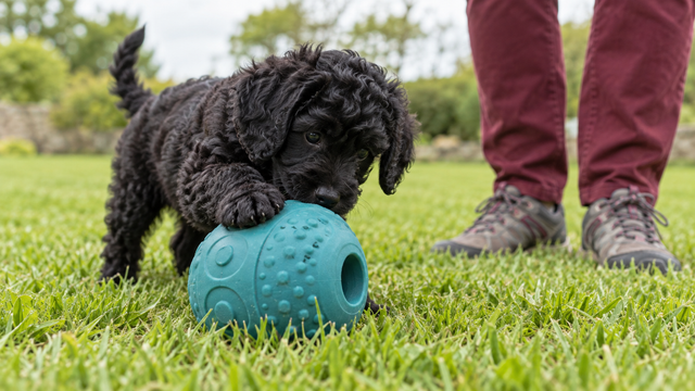 A supervised puppy explores a broad soft rubber toy on the grass.