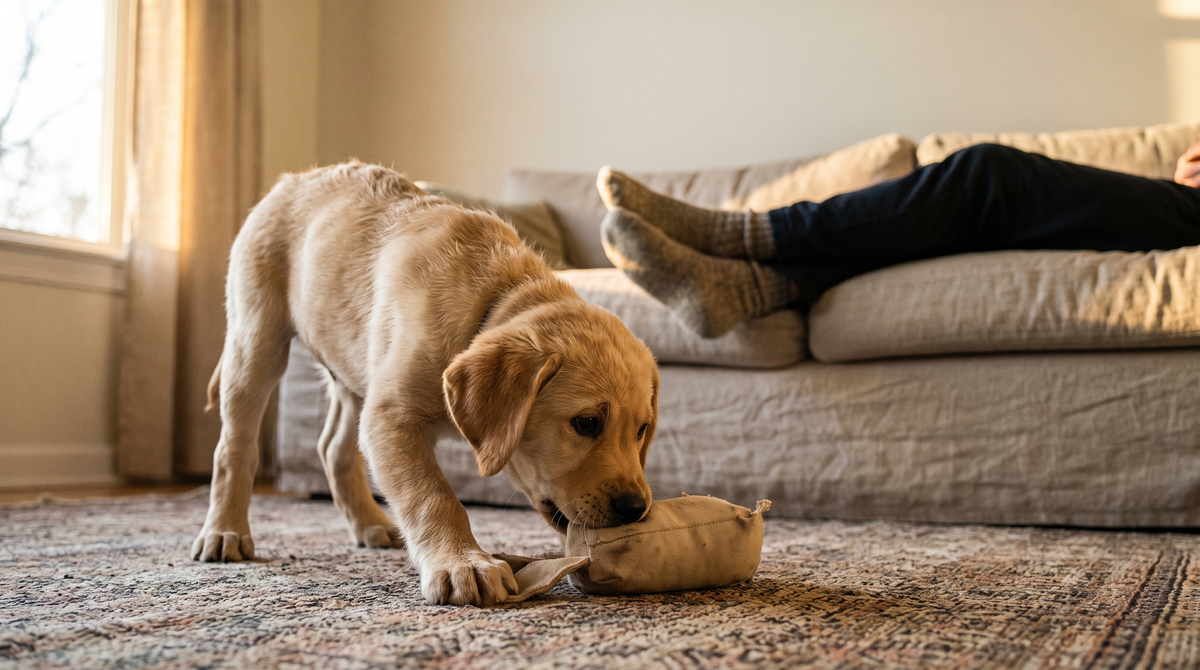 A yellow labrador puppy mouthing a soft fabric toy on a patterned living-room rug with a person's feet resting on the sofa behind.