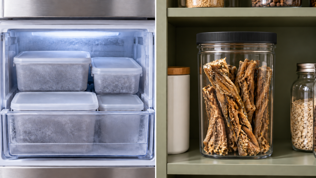 A freezer drawer and sealed dry-chew storage illustrate two different handling systems.