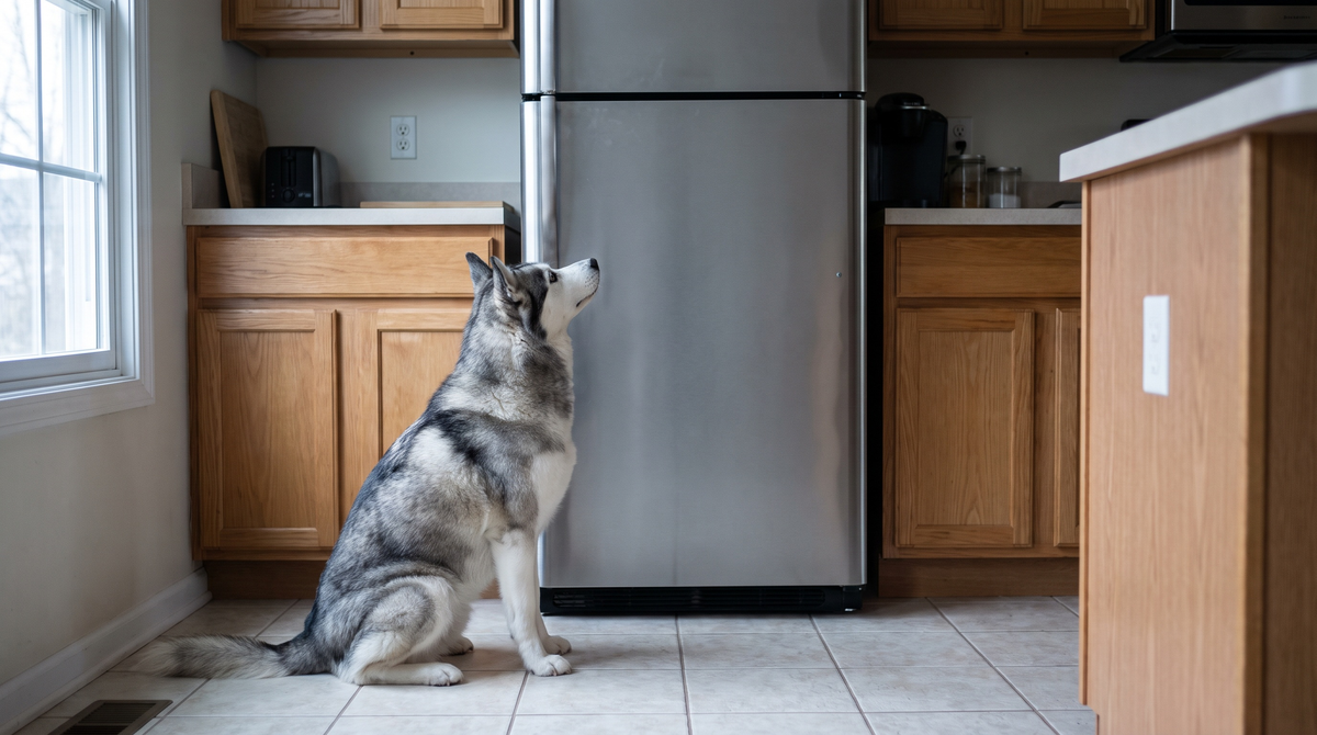 A Siberian husky sitting on a kitchen tile floor looking up at a closed stainless steel refrigerator door in cool daylight