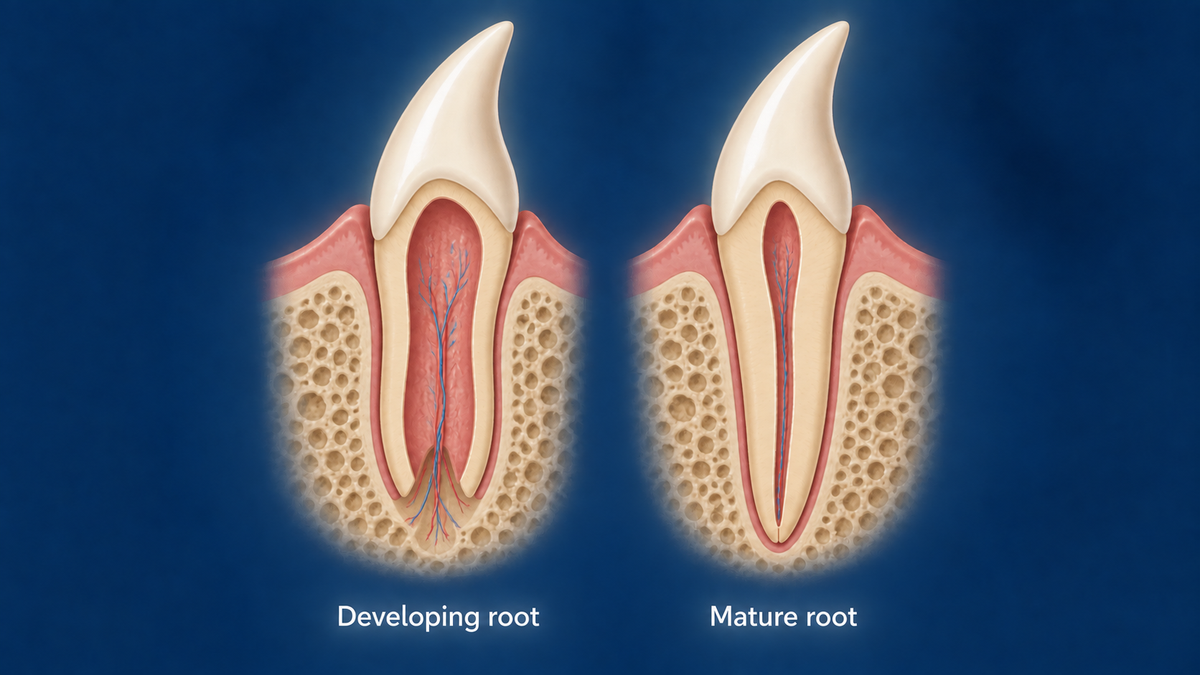 An educational illustration contrasts a developing canine tooth's open root apex with a mature root.