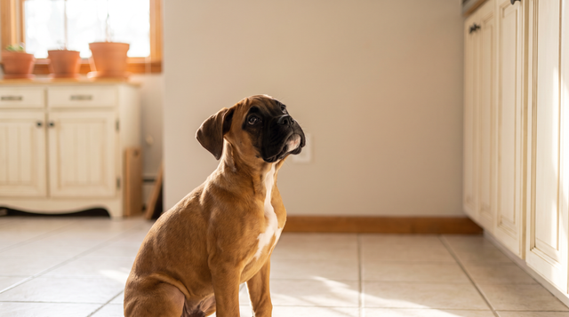 A fawn boxer puppy sitting on a pale tiled kitchen floor looking upward in bright daylight