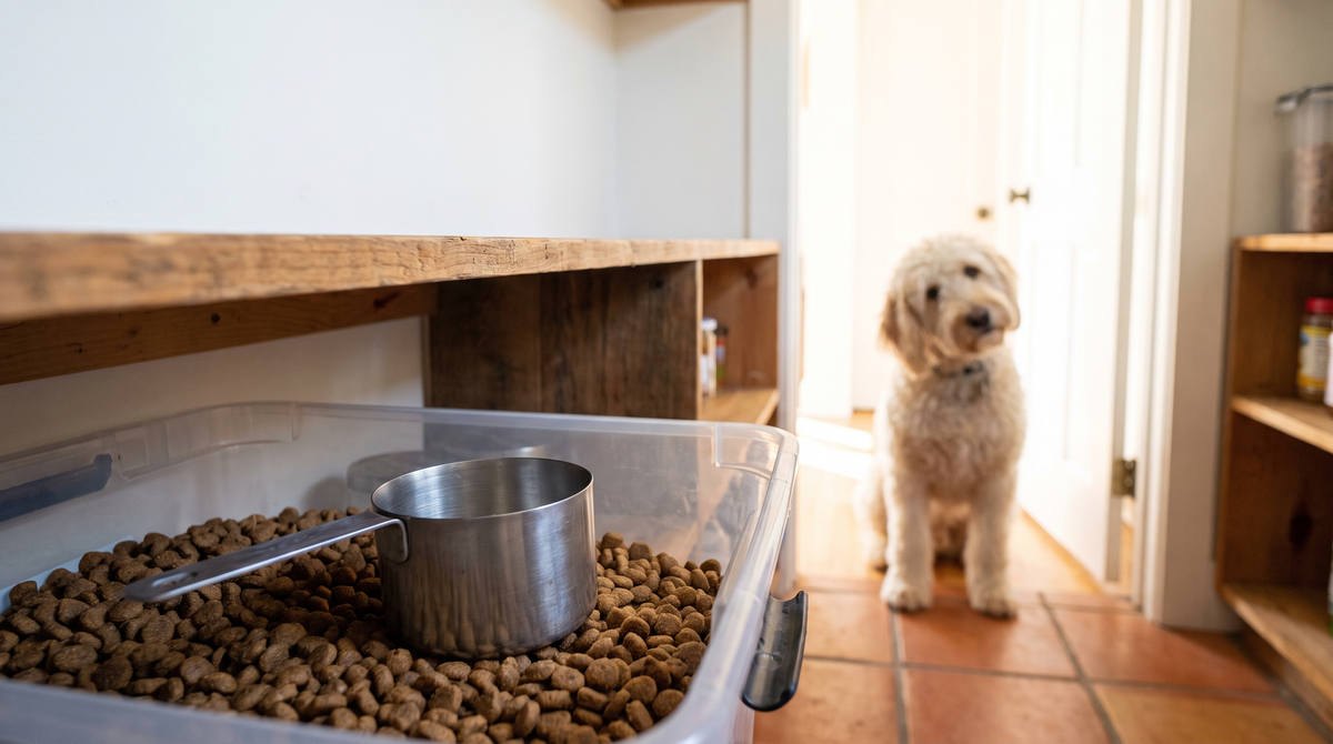 A metal measuring cup sitting in a clear bin of dry kibble on a pantry shelf, with a cream poodle mix waiting out of focus in the doorway behind