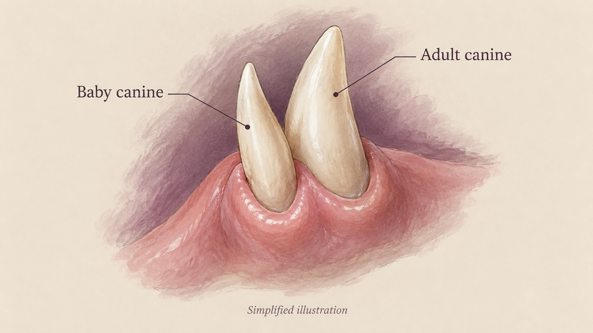 Simplified illustration of a smaller retained baby canine beside a broader adult canine.