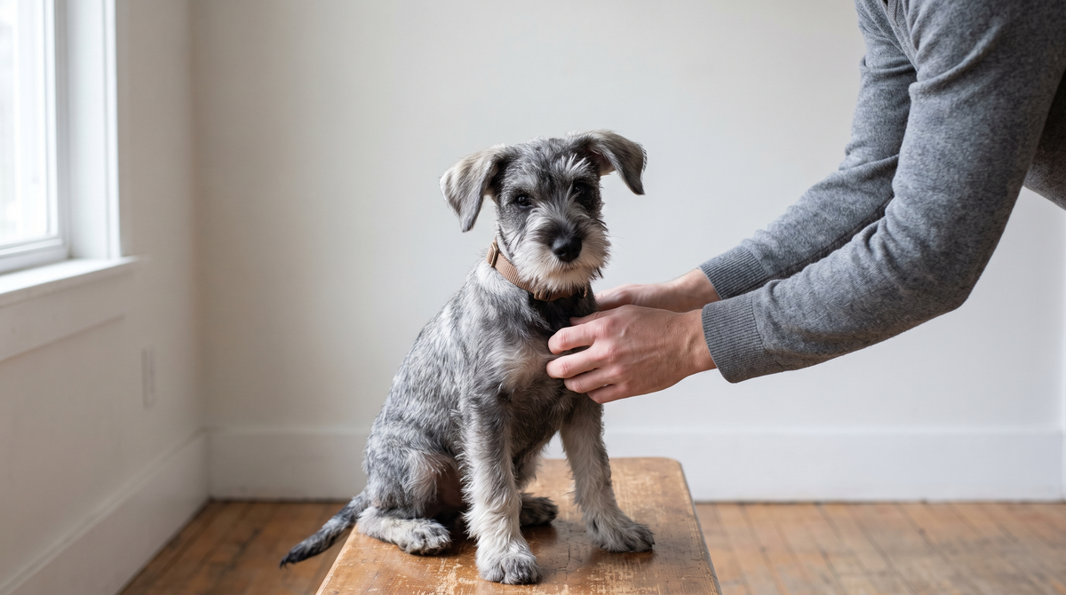 A miniature schnauzer puppy sitting on a wooden bench beside a window while a person's hand rests gently on its shoulder