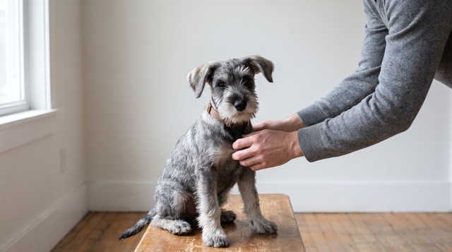 A miniature schnauzer puppy sitting on a wooden bench beside a window while a person's hand rests gently on its shoulder