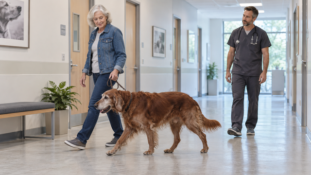 A veterinarian observes an older dog walking beside its owner in a clinic corridor.