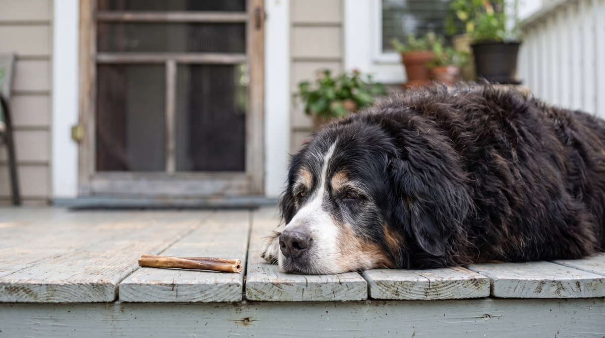 An elderly Bernese mountain dog with a greying muzzle lying on a wooden back porch with its chin on the boards, a plain dried chew stick untouched nearby