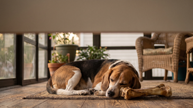 A beagle asleep on a sunroom floor next to an untouched natural chew in low evening light