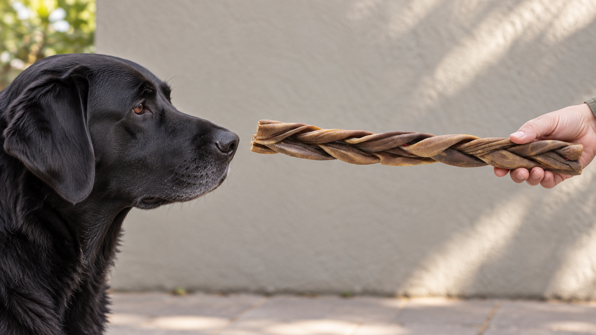 Side profile of a black retriever looking at a full-length dark lamb collagen braid held outside its closed mouth.