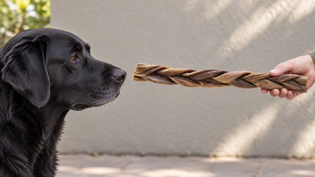 Side profile of a black retriever looking at a full-length dark lamb collagen braid held outside its closed mouth.