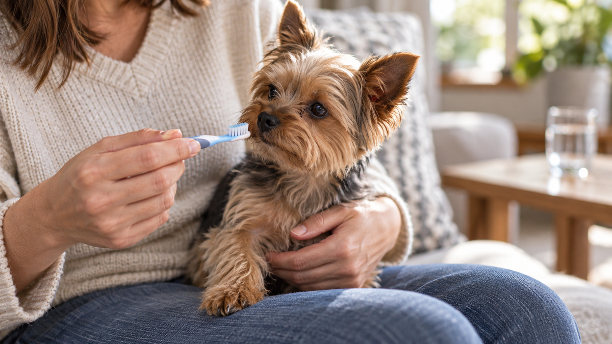 Tiny terrier on its owner's lap sniffing a small soft toothbrush near its closed muzzle.