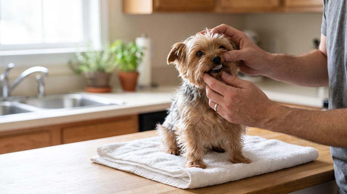 A Yorkshire terrier standing on a folded white towel on a kitchen counter while a person's hands gently lift its lip to show its small front teeth