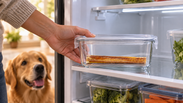 Owner placing a full bully stick in a closed clear storage container inside a refrigerator.