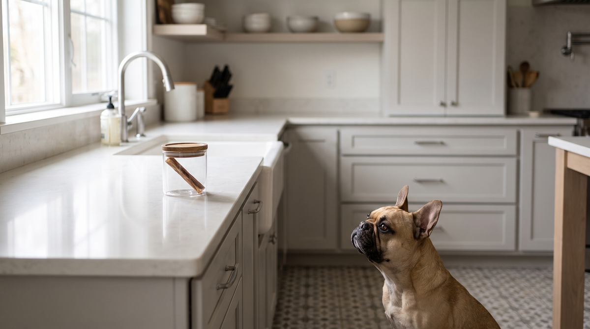 A clear glass jar with a wooden lid on a kitchen counter holding one short dried chew stick, with a fawn French bulldog sitting on the floor looking up at it