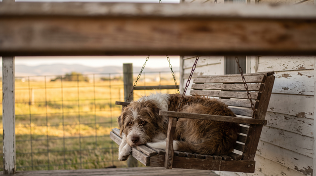 A mixed-breed dog lying in the shade of a farmhouse porch with open pasture and a wire fence behind